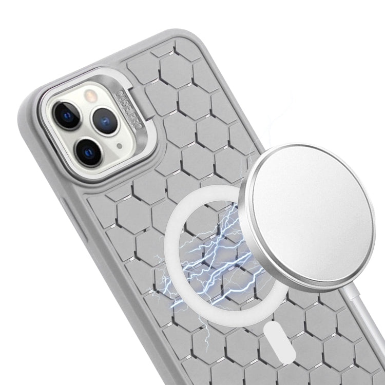 For iPhone 12 Pro Honeycomb Radiating Lens Holder Magsafe Phone Case with Lanyard(Grey) - iPhone 12 / 12 Pro Cases by buy2fix | Online Shopping UK | buy2fix