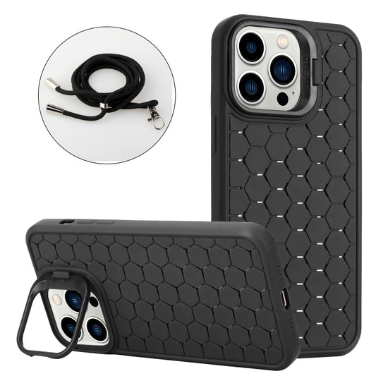 For iPhone 12 Pro Max Honeycomb Radiating Lens Holder Magsafe Phone Case with Lanyard(Black) by buy2fix