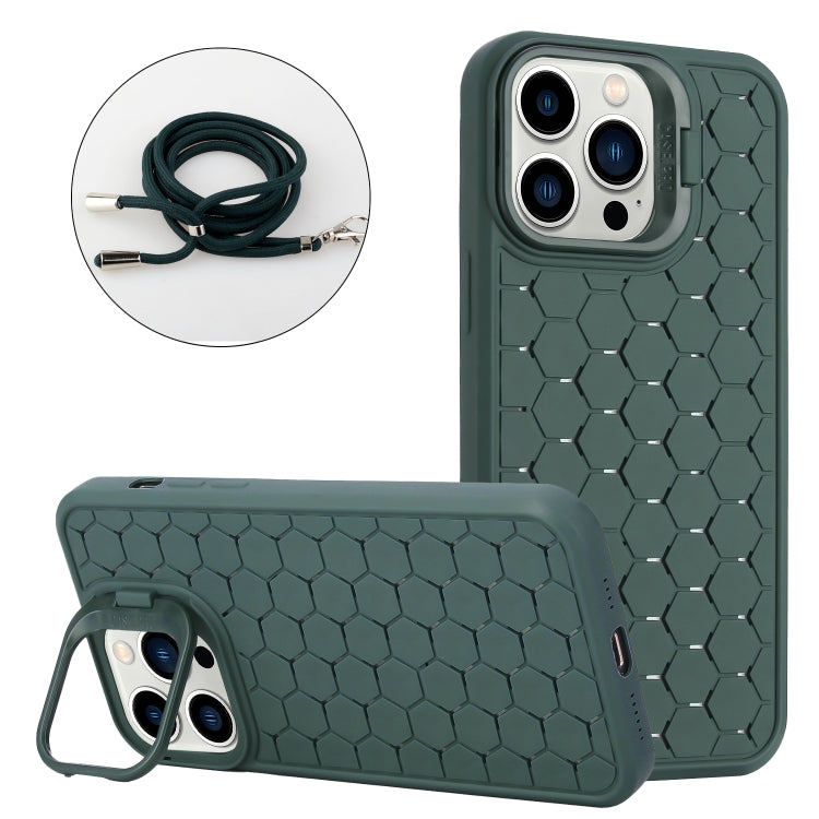 For iPhone 12 Pro Max Honeycomb Radiating Lens Holder Magsafe Phone Case with Lanyard(Green) by buy2fix