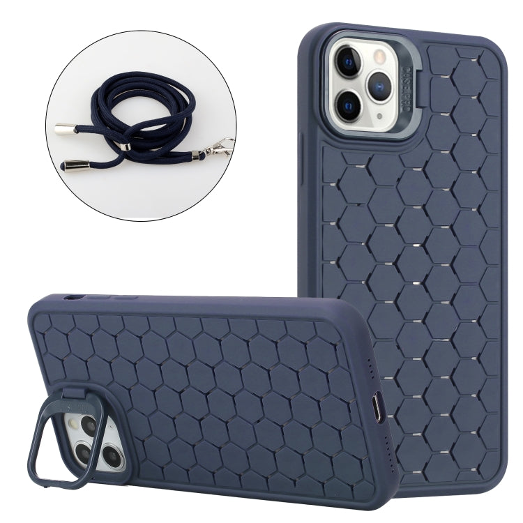 For iPhone 11 Pro Max Honeycomb Radiating Lens Holder Magsafe Phone Case with Lanyard(Blue) by buy2fix