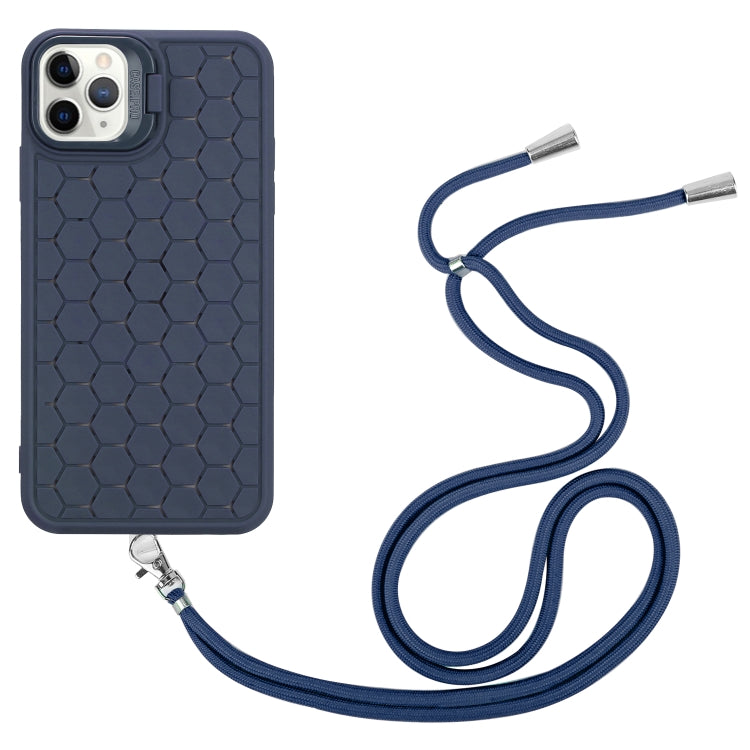 For iPhone 11 Pro Max Honeycomb Radiating Lens Holder Magsafe Phone Case with Lanyard(Blue) by buy2fix