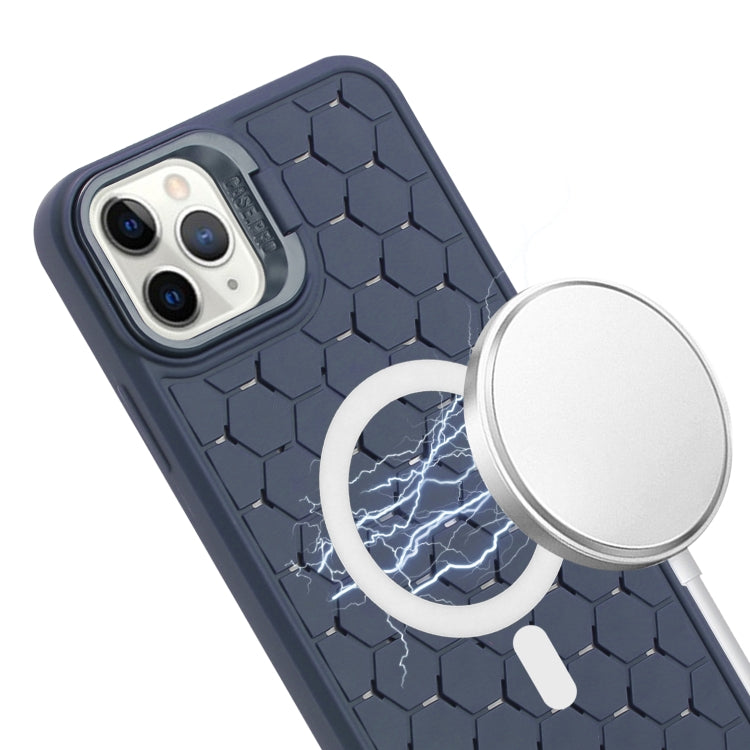 For iPhone 11 Pro Max Honeycomb Radiating Lens Holder Magsafe Phone Case with Lanyard(Blue) by buy2fix