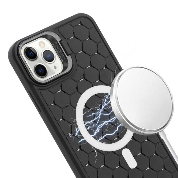 For iPhone 11 Pro Honeycomb Radiating Lens Holder Magsafe Phone Case with Lanyard(Black) by buy2fix