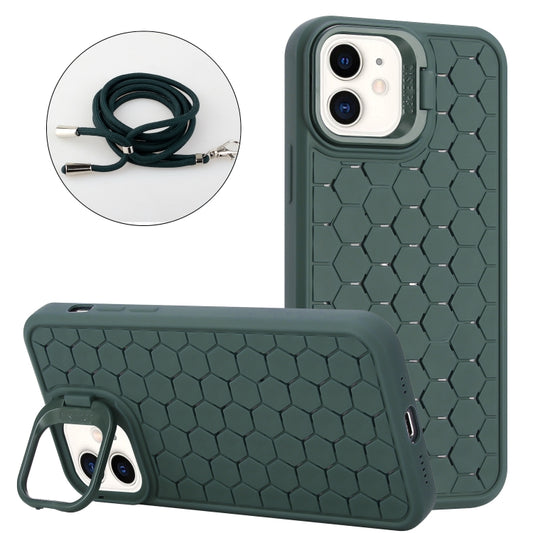 For iPhone 11 Honeycomb Radiating Lens Holder Magsafe Phone Case with Lanyard(Green) by buy2fix
