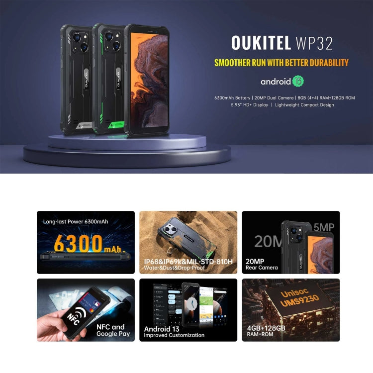 Oukitel WP32, 4GB+128GB, IP68/IP69K, 5.93 inch Android 13 Unisoc Tiger T606 Octa-core, NFC, OTG, Network: 4G(Green) - Other by OUKITEL | Online Shopping UK | buy2fix