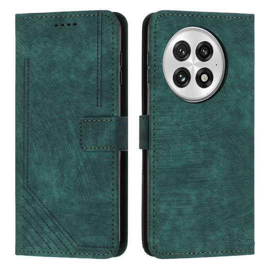 For OnePlus 13 Skin Feel Stripe Pattern Leather Phone Case with Lanyard(Green)