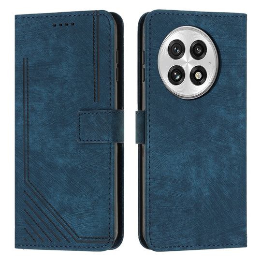 For OnePlus 13 Skin Feel Stripe Pattern Leather Phone Case with Lanyard(Blue)