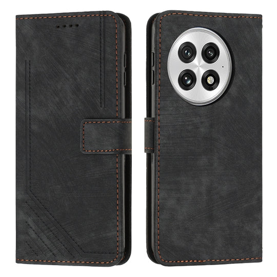 For OnePlus 13 Skin Feel Stripe Pattern Leather Phone Case with Lanyard(Black)