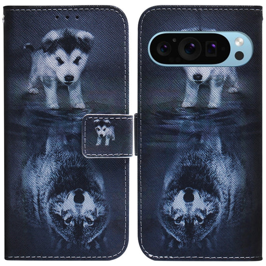 For Google Pixel 9 Pro Coloured Drawing Flip Leather Phone Case(Wolf and Dog) - Google Cases by buy2fix | Online Shopping UK | buy2fix