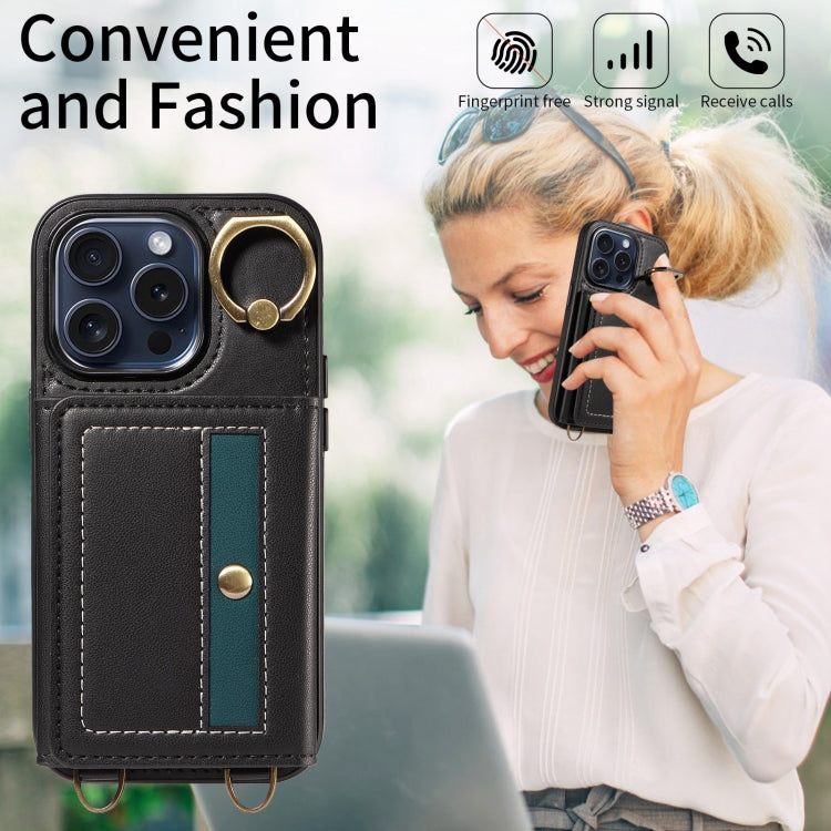 For iPhone 15 Pro Crossbodys Card Bag Ring Holder Leather Phone Case(Black) - iPhone 15 Pro Cases by buy2fix | Online Shopping UK | buy2fix