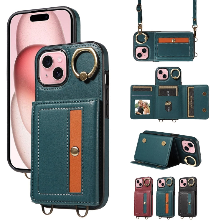 For iPhone 15 Plus Crossbodys Card Bag Ring Holder Leather Phone Case(Green) - iPhone 15 Plus Cases by buy2fix | Online Shopping UK | buy2fix