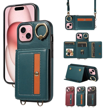 For iPhone 15 Plus Crossbodys Card Bag Ring Holder Leather Phone Case(Green) - iPhone 15 Plus Cases by buy2fix | Online Shopping UK | buy2fix