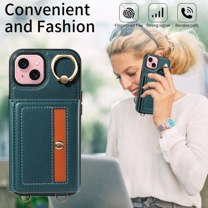 For iPhone 15 Plus Crossbodys Card Bag Ring Holder Leather Phone Case(Green) - iPhone 15 Plus Cases by buy2fix | Online Shopping UK | buy2fix