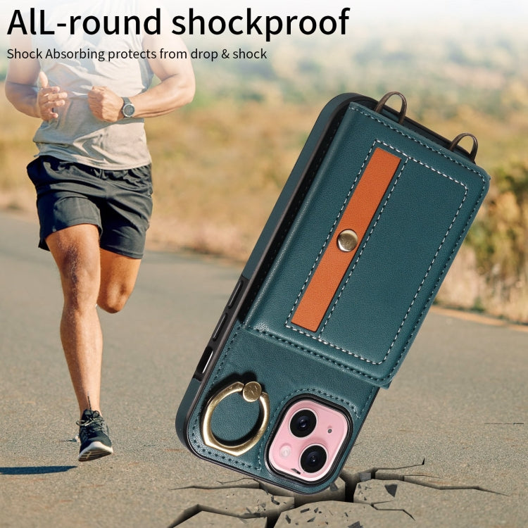 For iPhone 15 Plus Crossbodys Card Bag Ring Holder Leather Phone Case(Green) - iPhone 15 Plus Cases by buy2fix | Online Shopping UK | buy2fix