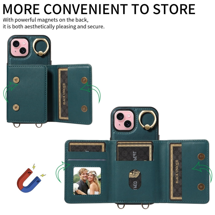 For iPhone 15 Plus Crossbodys Card Bag Ring Holder Leather Phone Case(Green) - iPhone 15 Plus Cases by buy2fix | Online Shopping UK | buy2fix