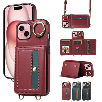 For iPhone 15 Plus Crossbodys Card Bag Ring Holder Leather Phone Case(Red) - iPhone 15 Plus Cases by buy2fix | Online Shopping UK | buy2fix