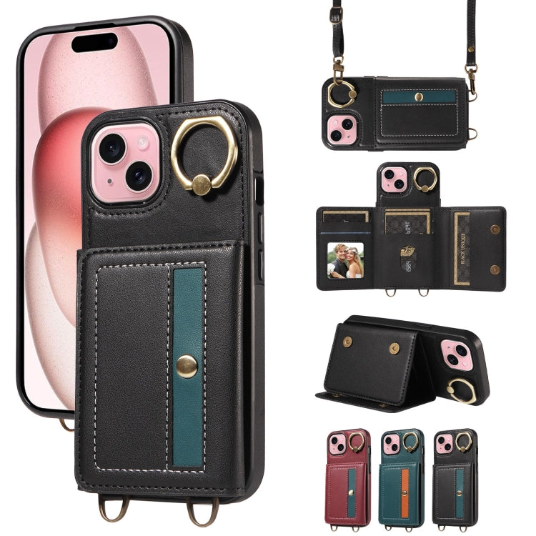 For iPhone 15 Plus Crossbodys Card Bag Ring Holder Leather Phone Case(Black) - iPhone 15 Plus Cases by buy2fix | Online Shopping UK | buy2fix
