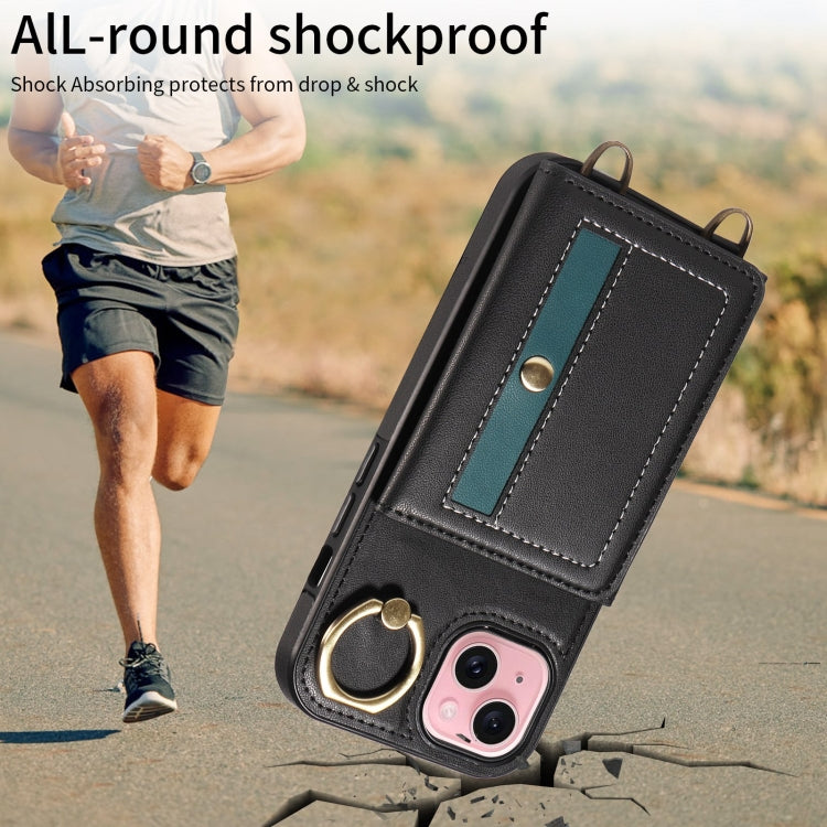 For iPhone 15 Plus Crossbodys Card Bag Ring Holder Leather Phone Case(Black) - iPhone 15 Plus Cases by buy2fix | Online Shopping UK | buy2fix