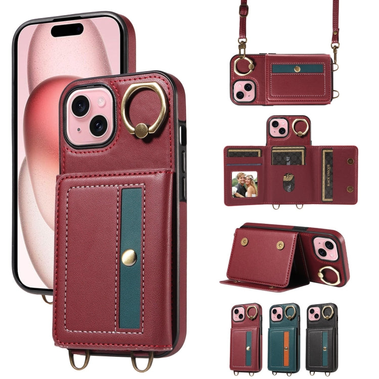 For iPhone 15 Crossbodys Card Bag Ring Holder Leather Phone Case(Red) - iPhone 15 Cases by buy2fix | Online Shopping UK | buy2fix