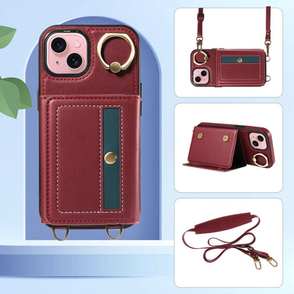 For iPhone 15 Crossbodys Card Bag Ring Holder Leather Phone Case(Red) - iPhone 15 Cases by buy2fix | Online Shopping UK | buy2fix