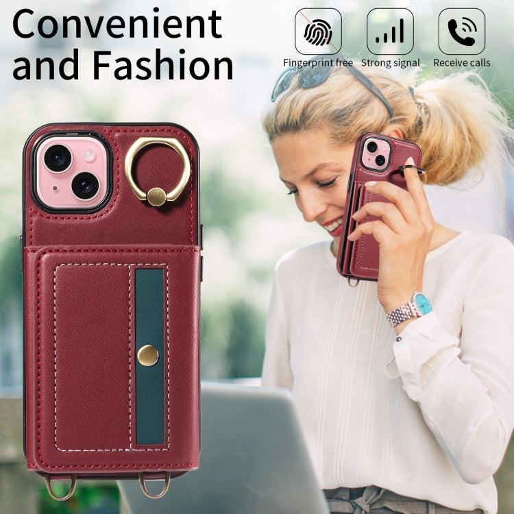 For iPhone 15 Crossbodys Card Bag Ring Holder Leather Phone Case(Red) - iPhone 15 Cases by buy2fix | Online Shopping UK | buy2fix