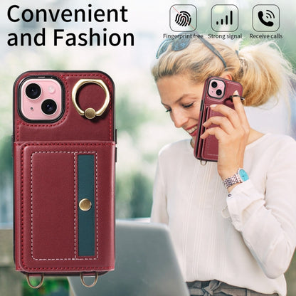 For iPhone 15 Crossbodys Card Bag Ring Holder Leather Phone Case(Red) - iPhone 15 Cases by buy2fix | Online Shopping UK | buy2fix