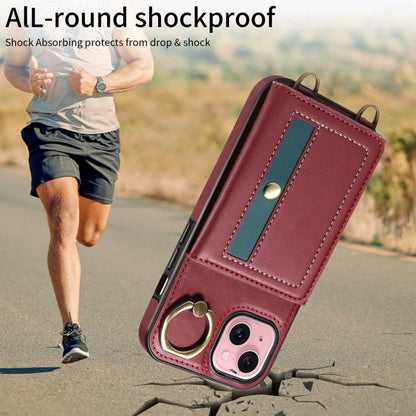 For iPhone 15 Crossbodys Card Bag Ring Holder Leather Phone Case(Red) - iPhone 15 Cases by buy2fix | Online Shopping UK | buy2fix