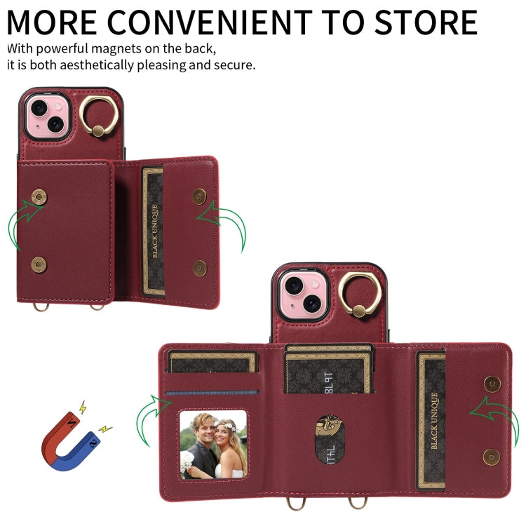 For iPhone 15 Crossbodys Card Bag Ring Holder Leather Phone Case(Red) - iPhone 15 Cases by buy2fix | Online Shopping UK | buy2fix
