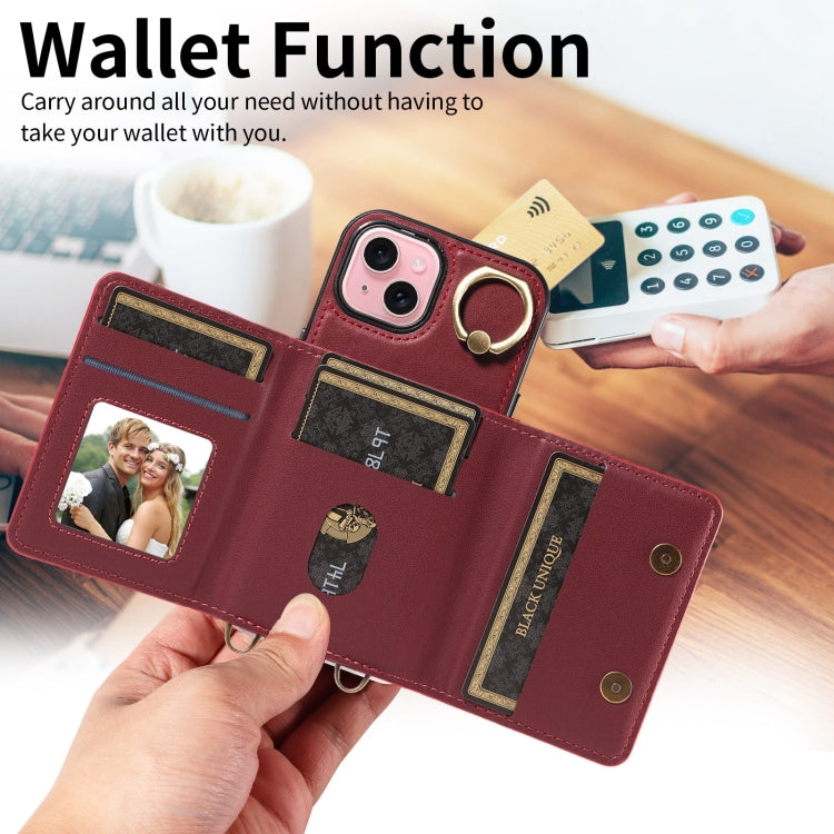 For iPhone 15 Crossbodys Card Bag Ring Holder Leather Phone Case(Red) - iPhone 15 Cases by buy2fix | Online Shopping UK | buy2fix