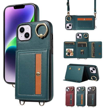 For iPhone 14 Plus Crossbodys Card Bag Ring Holder Leather Phone Case(Green) - iPhone 14 Plus Cases by buy2fix | Online Shopping UK | buy2fix
