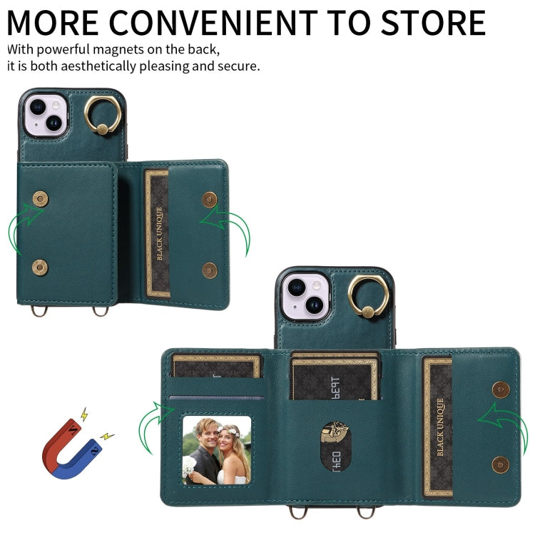 For iPhone 14 Plus Crossbodys Card Bag Ring Holder Leather Phone Case(Green) - iPhone 14 Plus Cases by buy2fix | Online Shopping UK | buy2fix