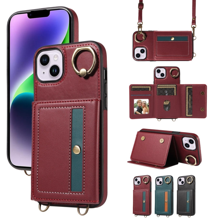 For iPhone 14 Plus Crossbodys Card Bag Ring Holder Leather Phone Case(Red) - iPhone 14 Plus Cases by buy2fix | Online Shopping UK | buy2fix