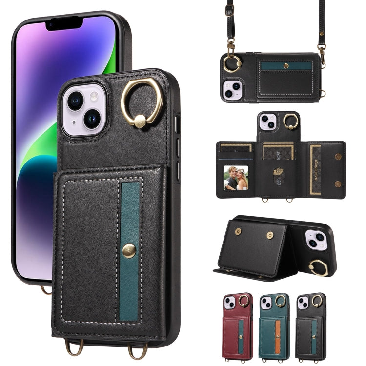 For iPhone 14 Plus Crossbodys Card Bag Ring Holder Leather Phone Case(Black) - iPhone 14 Plus Cases by buy2fix | Online Shopping UK | buy2fix