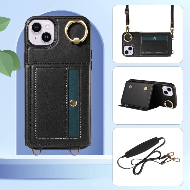 For iPhone 14 Plus Crossbodys Card Bag Ring Holder Leather Phone Case(Black) - iPhone 14 Plus Cases by buy2fix | Online Shopping UK | buy2fix