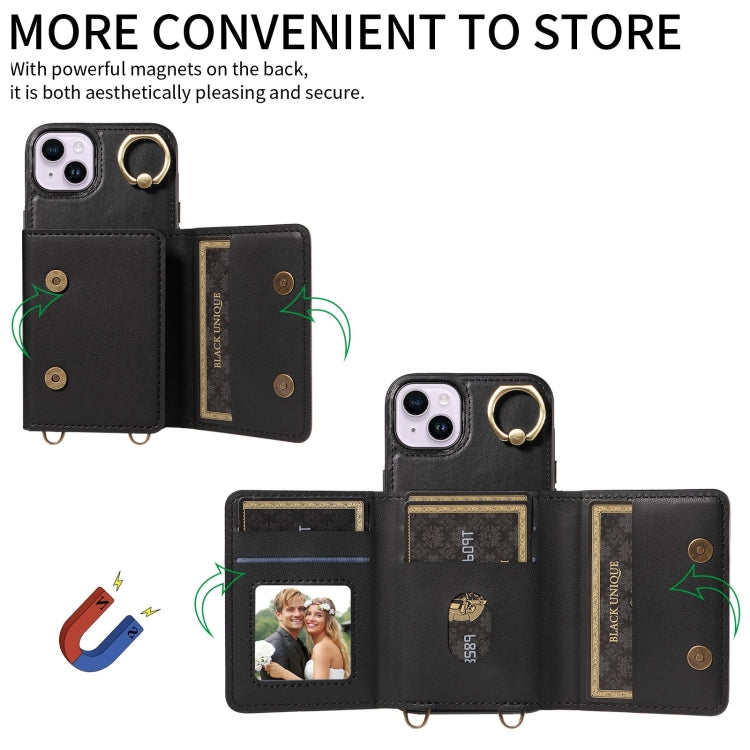 For iPhone 14 Plus Crossbodys Card Bag Ring Holder Leather Phone Case(Black) - iPhone 14 Plus Cases by buy2fix | Online Shopping UK | buy2fix