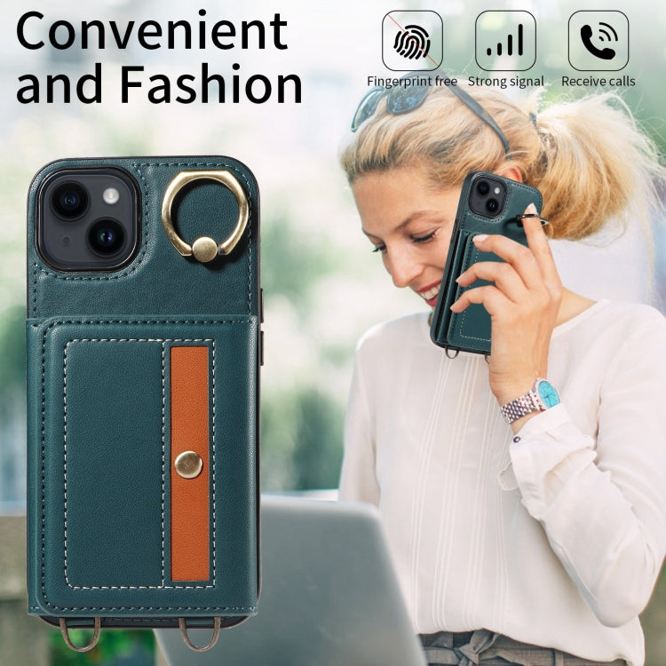 For iPhone 14 Crossbodys Card Bag Ring Holder Leather Phone Case(Green) - iPhone 14 Cases by buy2fix | Online Shopping UK | buy2fix