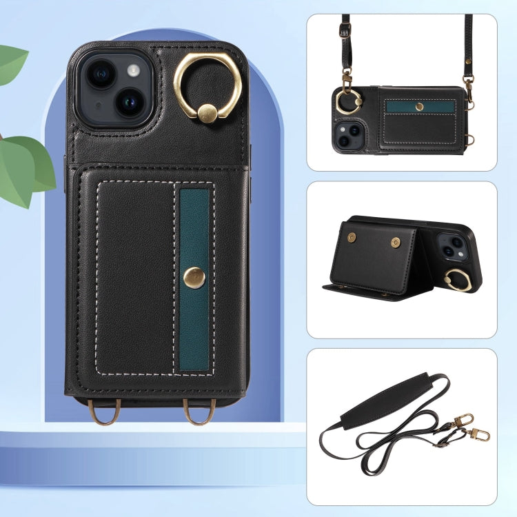 For iPhone 14 Crossbodys Card Bag Ring Holder Leather Phone Case(Black) - iPhone 14 Cases by buy2fix | Online Shopping UK | buy2fix