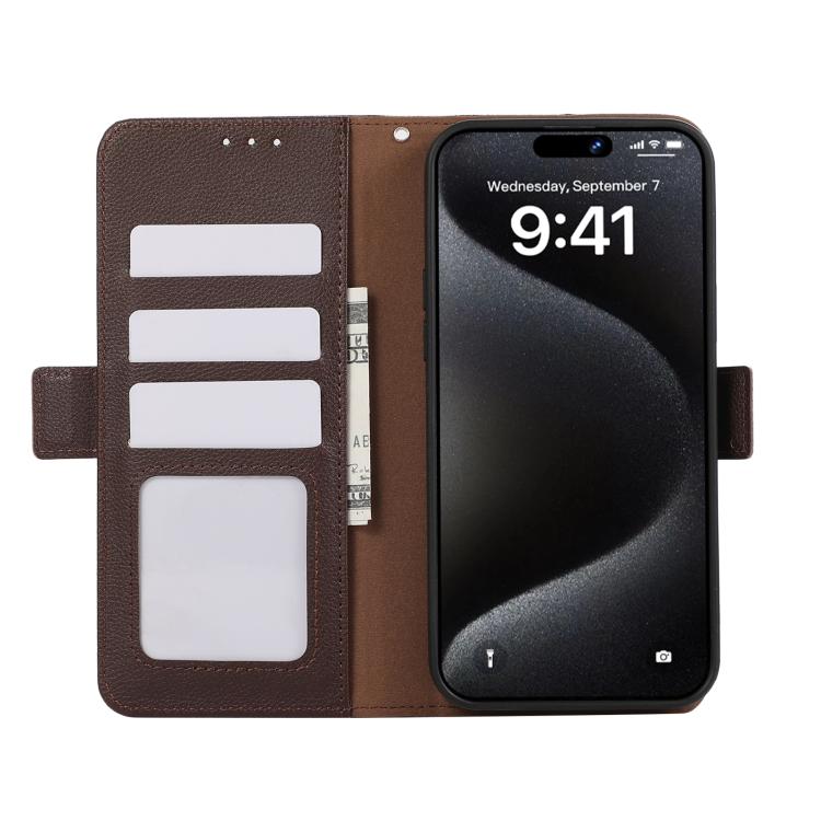 For iPhone 17 Pro Max ABEEL Side-Magnetic Litchi Pattern Leather RFID Phone Case(Brown) - iPhone 17 Pro Max Cases by buy2fix | Online Shopping UK | buy2fix