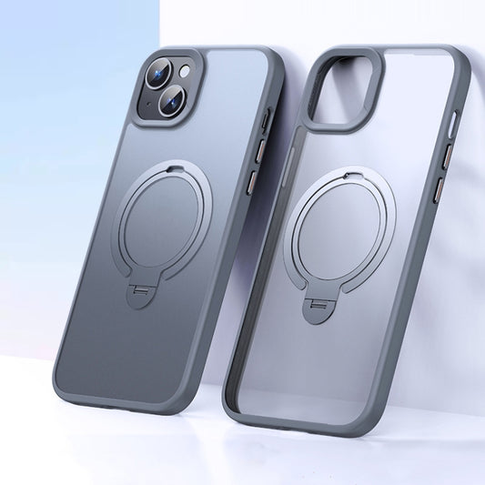 For iPhone 15 Plus / 14 Plus Double Ring MagSafe Magnetic Holder Phone Case(Matte Grey) - iPhone 15 Plus Cases by buy2fix | Online Shopping UK | buy2fix