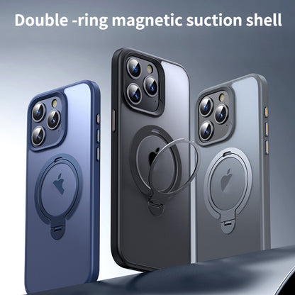 For iPhone 14 Pro Double Ring MagSafe Magnetic Holder Phone Case(Matte Blue) - iPhone 14 Pro Cases by buy2fix | Online Shopping UK | buy2fix
