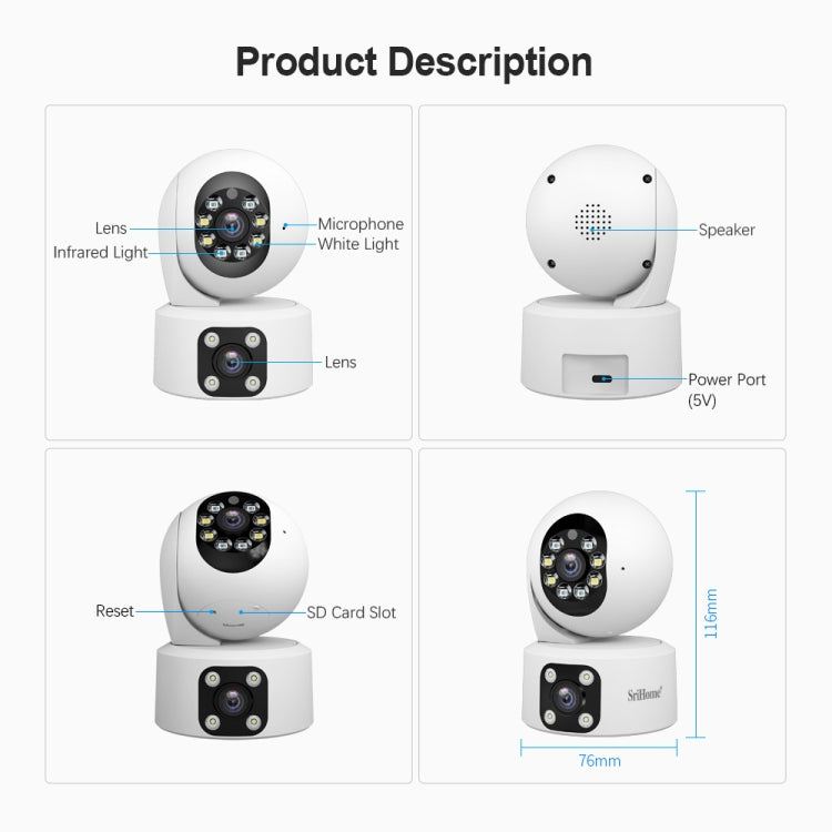 SriHome SH049 2MP + 2MP Humanoid Tracking Smart Night Vision Dual Lens HD IP Camera(EU Plug) - Wireless Camera by SriHome | Online Shopping UK | buy2fix