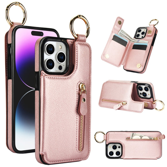 For iPhone 15 Pro Max Litchi Texture Zipper Double Buckle Card Bag Phone Case(Rose Gold) - iPhone 15 Pro Max Cases by buy2fix | Online Shopping UK | buy2fix