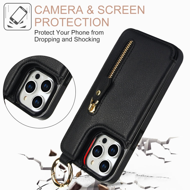 For iPhone 15 Pro Max Litchi Texture Zipper Double Buckle Card Bag Phone Case(Black) - iPhone 15 Pro Max Cases by buy2fix | Online Shopping UK | buy2fix