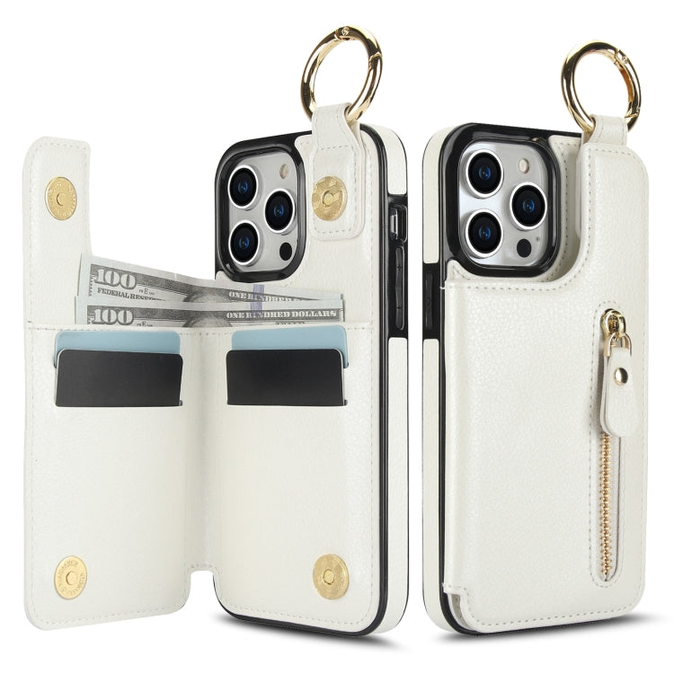 For iPhone 15 Pro Max Litchi Texture Zipper Double Buckle Card Bag Phone Case(White) - iPhone 15 Pro Max Cases by buy2fix | Online Shopping UK | buy2fix