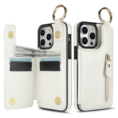 For iPhone 15 Pro Max Litchi Texture Zipper Double Buckle Card Bag Phone Case(White) - iPhone 15 Pro Max Cases by buy2fix | Online Shopping UK | buy2fix