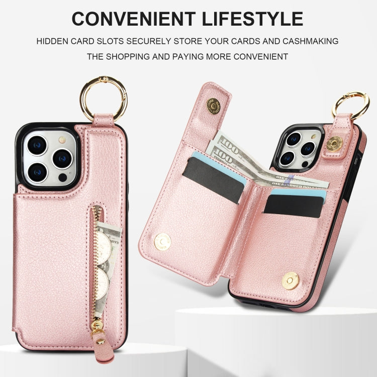 For iPhone 15 Pro Litchi Texture Zipper Double Buckle Card Bag Phone Case(Rose Gold) - iPhone 15 Pro Cases by buy2fix | Online Shopping UK | buy2fix
