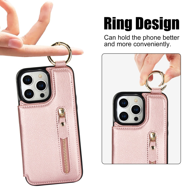 For iPhone 15 Pro Litchi Texture Zipper Double Buckle Card Bag Phone Case(Rose Gold) - iPhone 15 Pro Cases by buy2fix | Online Shopping UK | buy2fix