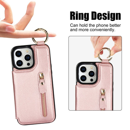 For iPhone 15 Pro Litchi Texture Zipper Double Buckle Card Bag Phone Case(Rose Gold) - iPhone 15 Pro Cases by buy2fix | Online Shopping UK | buy2fix