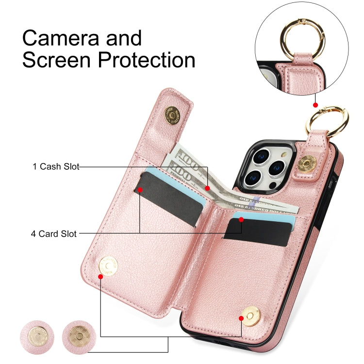 For iPhone 15 Pro Litchi Texture Zipper Double Buckle Card Bag Phone Case(Rose Gold) - iPhone 15 Pro Cases by buy2fix | Online Shopping UK | buy2fix