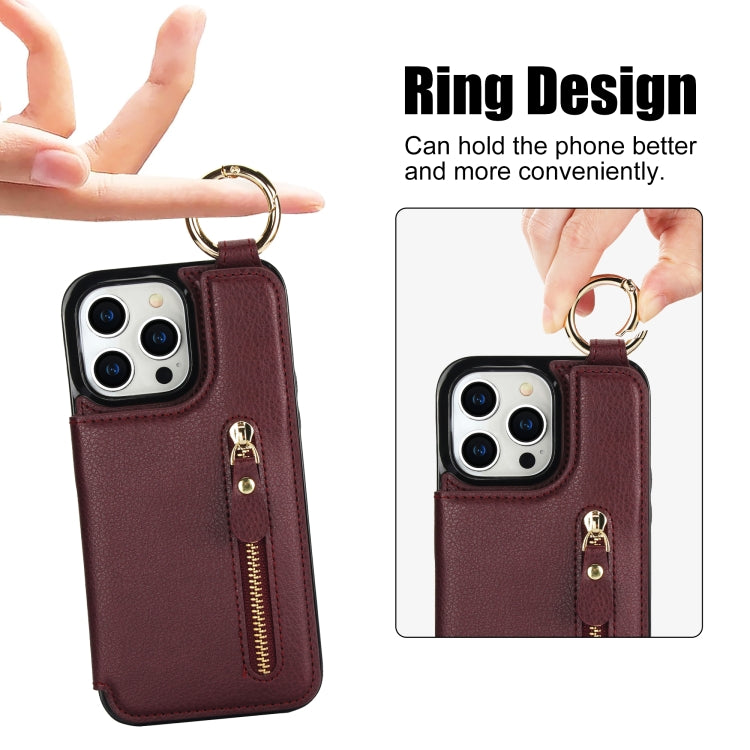 For iPhone 15 Pro Litchi Texture Zipper Double Buckle Card Bag Phone Case(Maroon Red) - iPhone 15 Pro Cases by buy2fix | Online Shopping UK | buy2fix